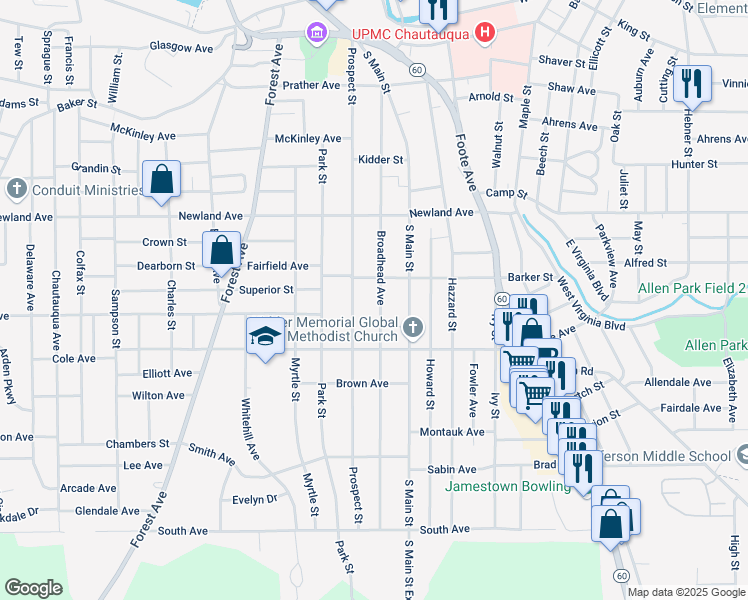 map of restaurants, bars, coffee shops, grocery stores, and more near 268 Broadhead Avenue in Jamestown