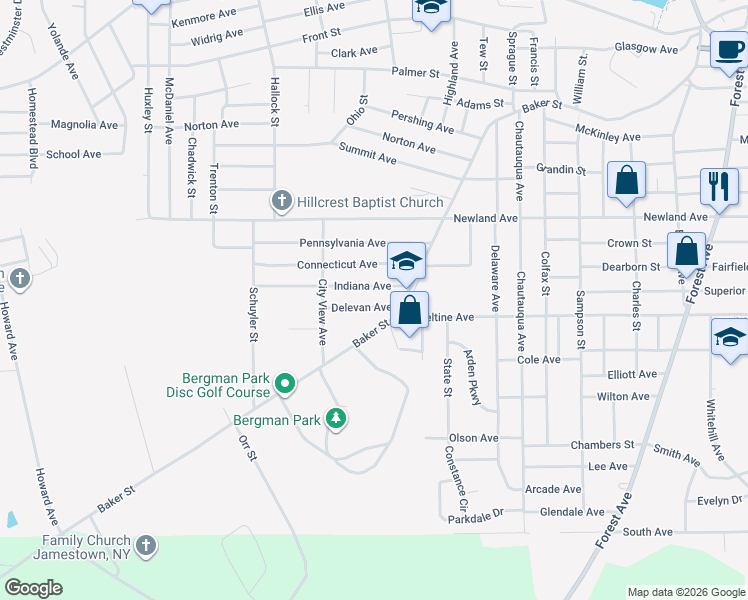 map of restaurants, bars, coffee shops, grocery stores, and more near 120 Indiana Avenue in Jamestown