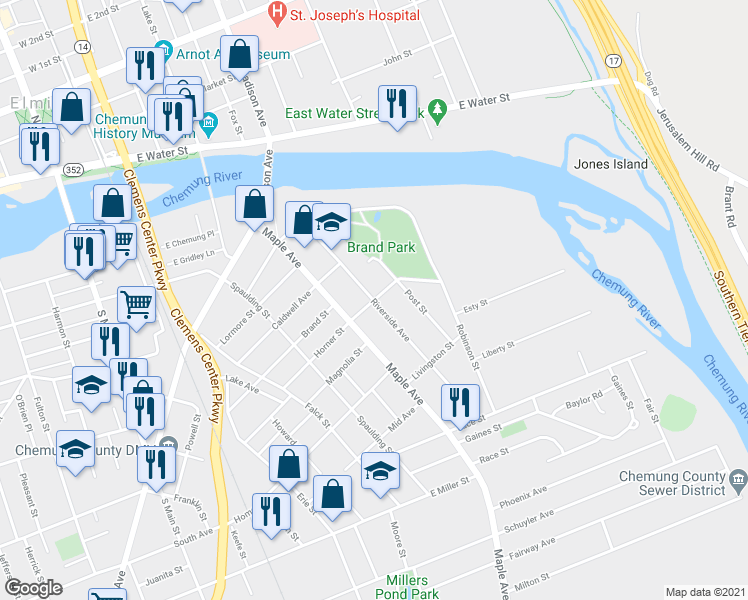 map of restaurants, bars, coffee shops, grocery stores, and more near Riverside Avenue in Elmira