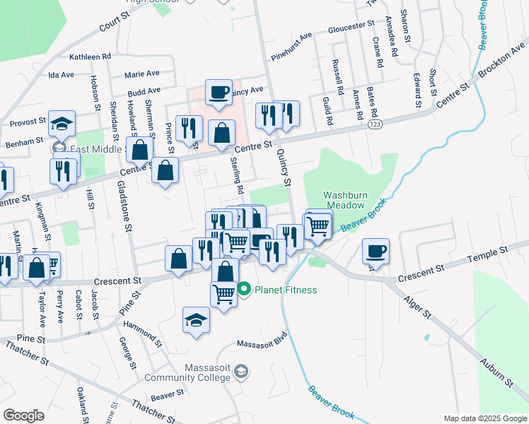 map of restaurants, bars, coffee shops, grocery stores, and more near 72 Sterling Road in Brockton