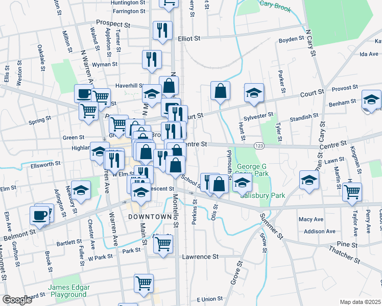 map of restaurants, bars, coffee shops, grocery stores, and more near 127 Centre Street in Brockton