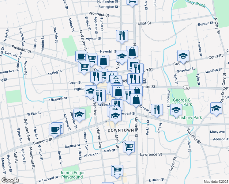 map of restaurants, bars, coffee shops, grocery stores, and more near 22 Legion Parkway in Brockton
