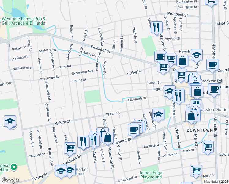 map of restaurants, bars, coffee shops, grocery stores, and more near 187 Highland Street in Brockton