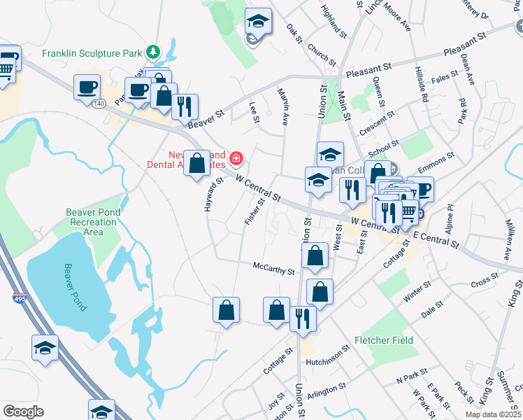map of restaurants, bars, coffee shops, grocery stores, and more near 1 Fisher Street in Franklin