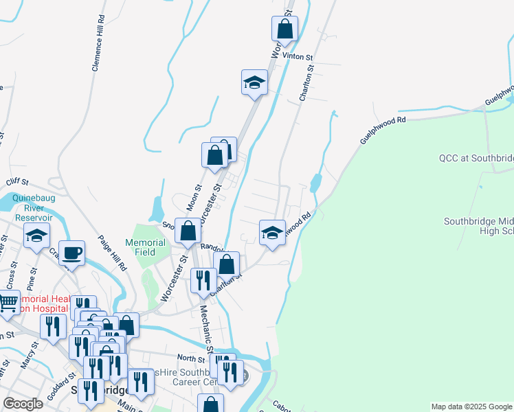 map of restaurants, bars, coffee shops, grocery stores, and more near 49 Columbia Street in Southbridge