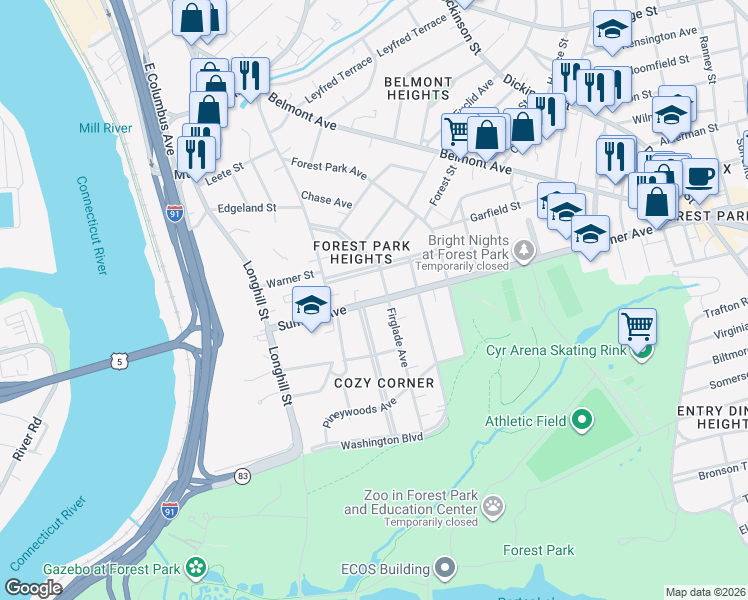 map of restaurants, bars, coffee shops, grocery stores, and more near 146 Sumner Avenue in Springfield
