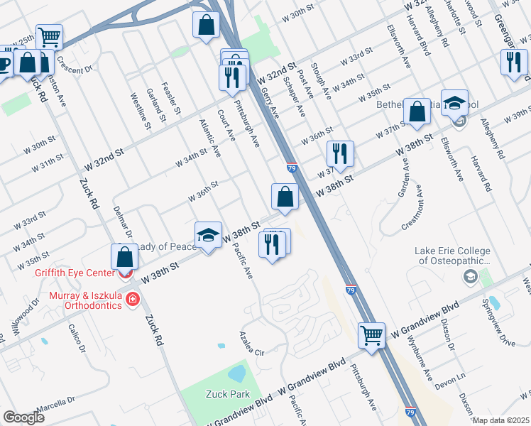 map of restaurants, bars, coffee shops, grocery stores, and more near 3723 Court Avenue in Erie