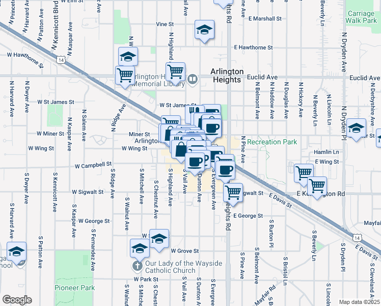 map of restaurants, bars, coffee shops, grocery stores, and more near in Arlington Heights