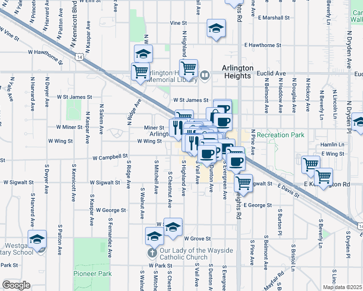 map of restaurants, bars, coffee shops, grocery stores, and more near 122 North Vail Avenue in Arlington Heights