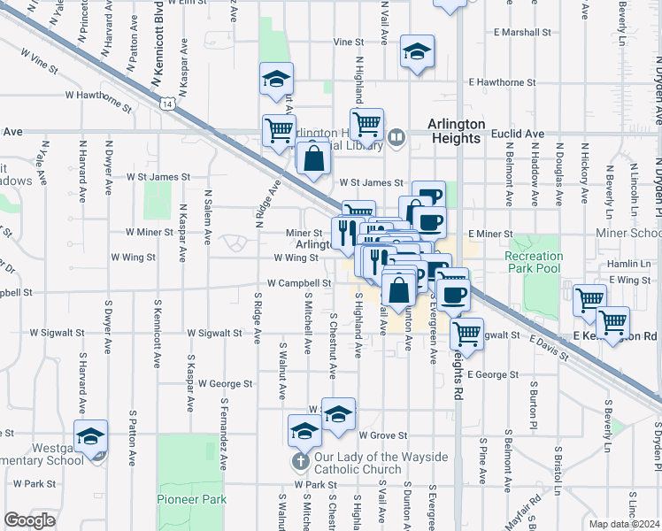 map of restaurants, bars, coffee shops, grocery stores, and more near 308 West Wing Street in Arlington Heights