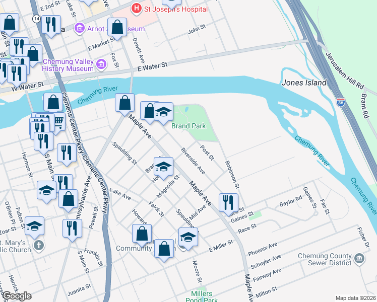 map of restaurants, bars, coffee shops, grocery stores, and more near 458 Horner St in Elmira