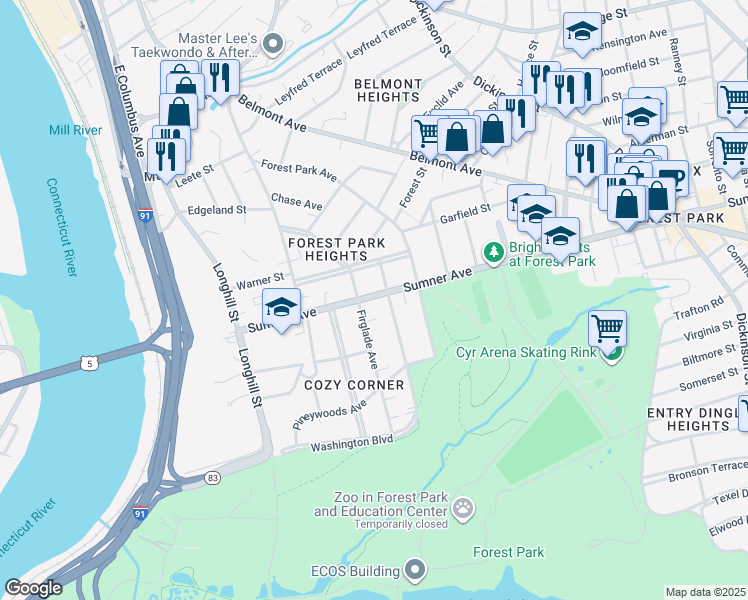 map of restaurants, bars, coffee shops, grocery stores, and more near 182 Sumner Avenue in Springfield