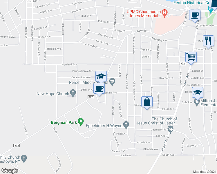 map of restaurants, bars, coffee shops, grocery stores, and more near 375 Baker Street in Jamestown