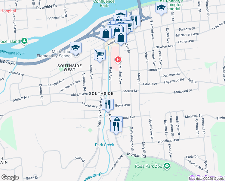 map of restaurants, bars, coffee shops, grocery stores, and more near 302 Park Avenue in Binghamton