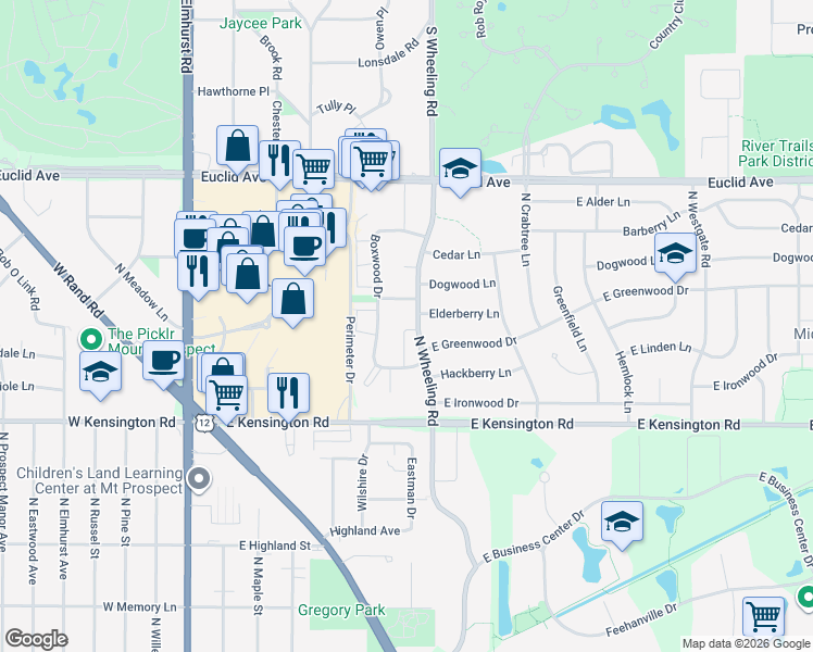 map of restaurants, bars, coffee shops, grocery stores, and more near 504 Dogwood Lane in Mount Prospect