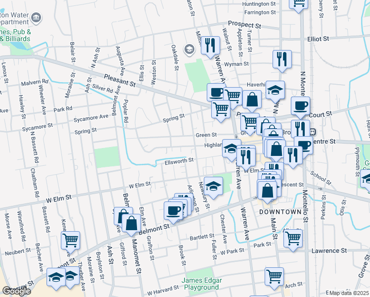 map of restaurants, bars, coffee shops, grocery stores, and more near 103 Highland Street in Brockton