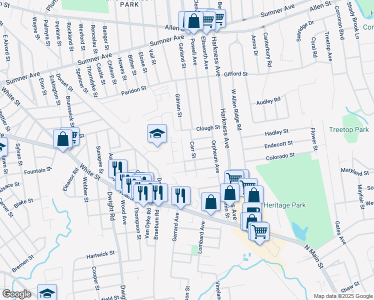 map of restaurants, bars, coffee shops, grocery stores, and more near 130 Odion Avenue in Springfield