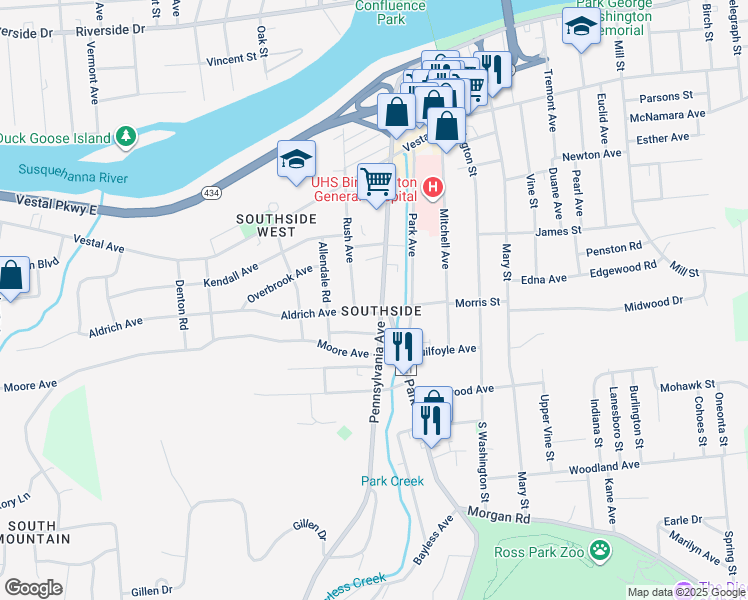 map of restaurants, bars, coffee shops, grocery stores, and more near in Binghamton