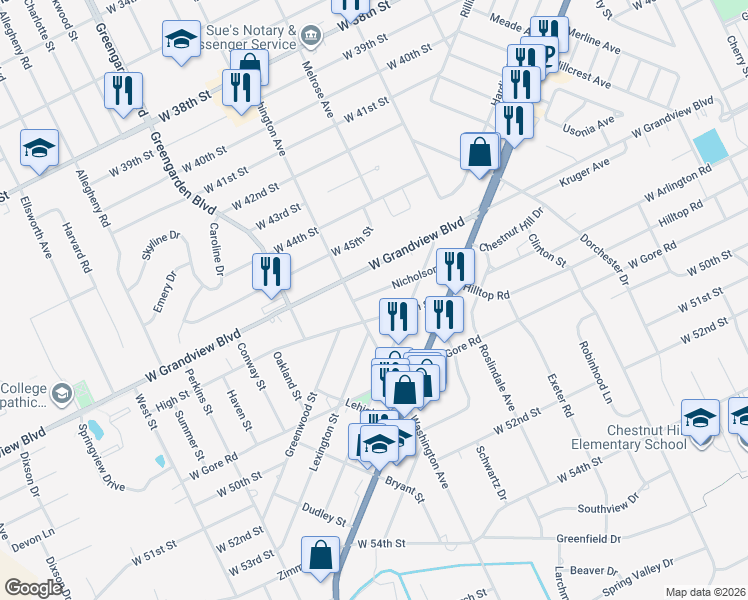map of restaurants, bars, coffee shops, grocery stores, and more near 1472 Nicholson Street in Erie