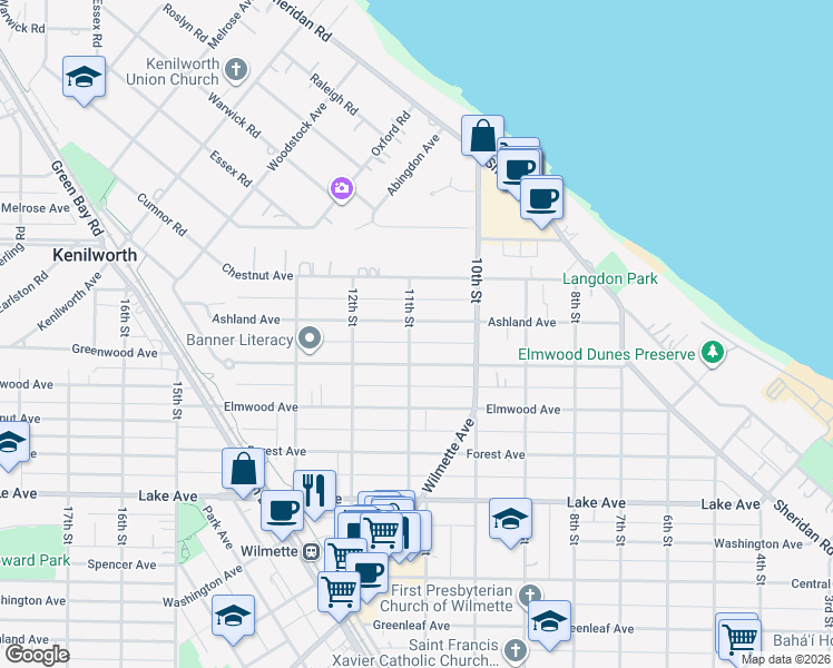 map of restaurants, bars, coffee shops, grocery stores, and more near 1040 Ashland Avenue in Wilmette