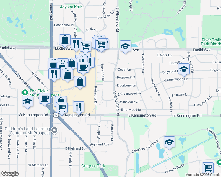 map of restaurants, bars, coffee shops, grocery stores, and more near 504 Dogwood Lane in Mount Prospect