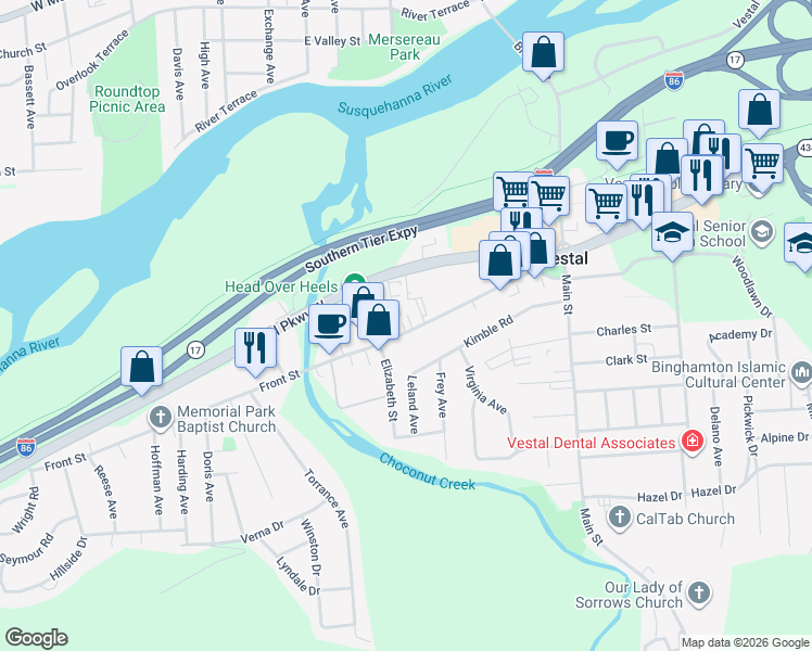 map of restaurants, bars, coffee shops, grocery stores, and more near 316 Front Street in Vestal