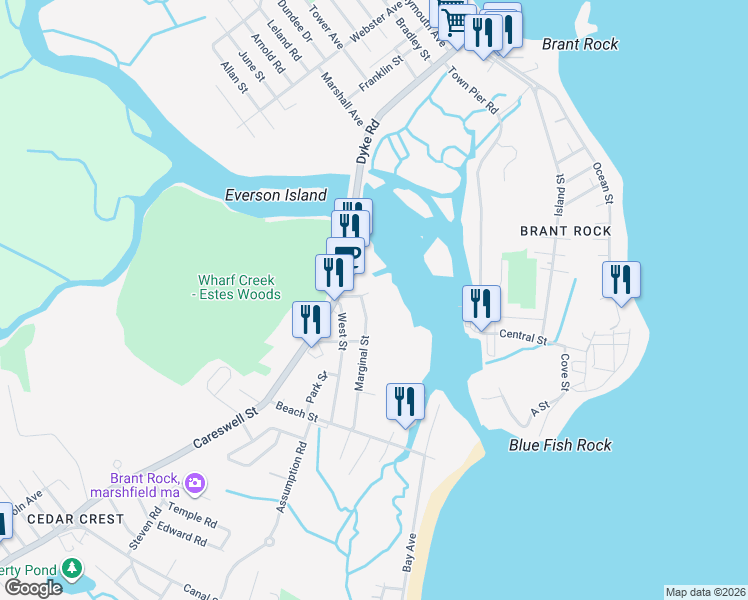 map of restaurants, bars, coffee shops, grocery stores, and more near 122 Marginal Street in Marshfield