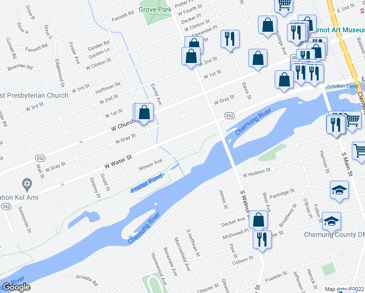 map of restaurants, bars, coffee shops, grocery stores, and more near 614 Winsor Avenue in Elmira