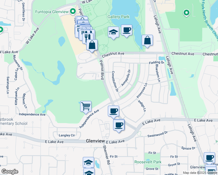 map of restaurants, bars, coffee shops, grocery stores, and more near 1619 Patriot Boulevard in Glenview
