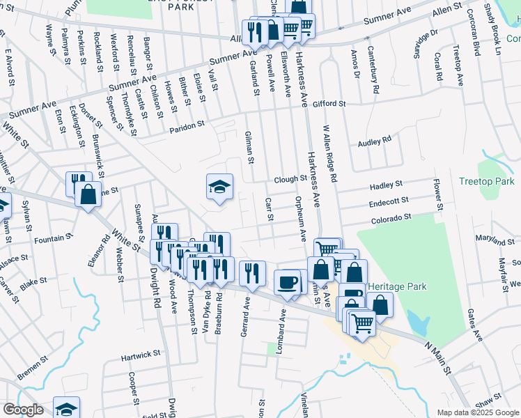 map of restaurants, bars, coffee shops, grocery stores, and more near 130 Odion Avenue in Springfield