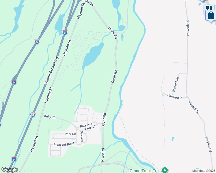 map of restaurants, bars, coffee shops, grocery stores, and more near 74 River Road in Sturbridge
