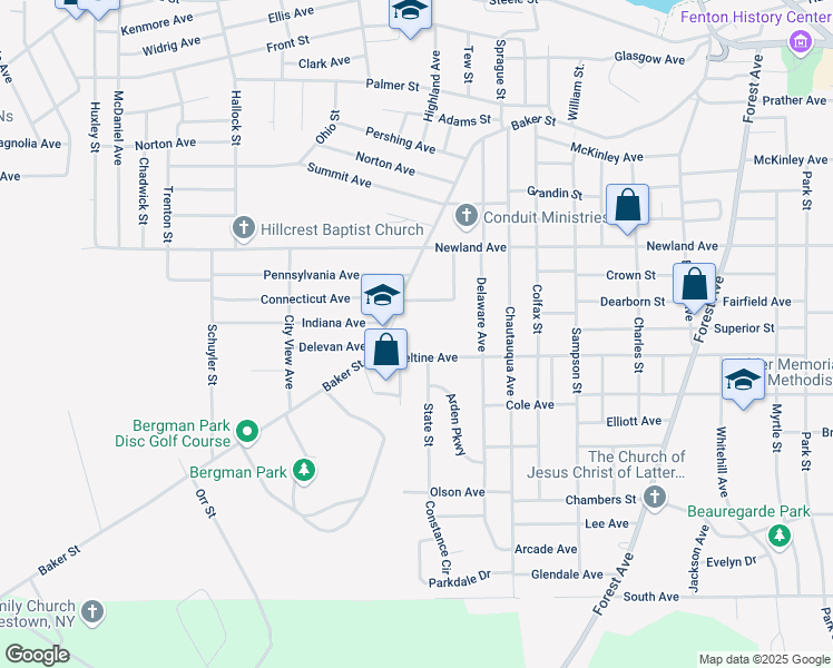 map of restaurants, bars, coffee shops, grocery stores, and more near 375 Baker Street in Jamestown