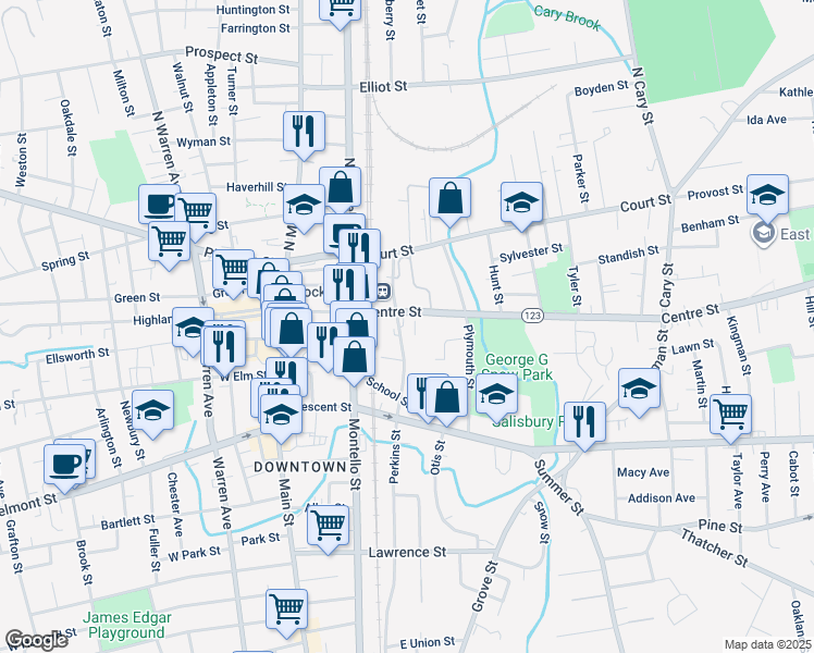 map of restaurants, bars, coffee shops, grocery stores, and more near 147 Centre Street in Brockton