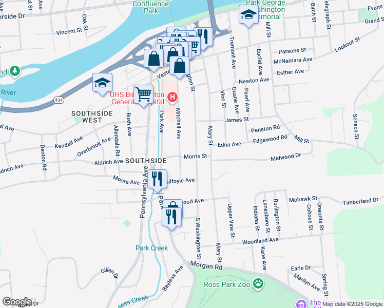 map of restaurants, bars, coffee shops, grocery stores, and more near 73 Mitchell Avenue in Binghamton