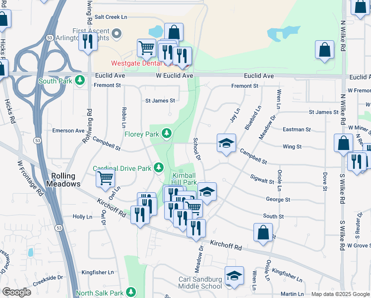 map of restaurants, bars, coffee shops, grocery stores, and more near 3325 Campbell Street in Rolling Meadows