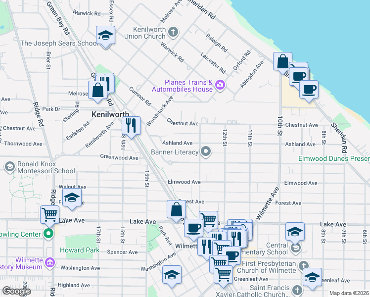 map of restaurants, bars, coffee shops, grocery stores, and more near 1323 Ashland Lane in Wilmette