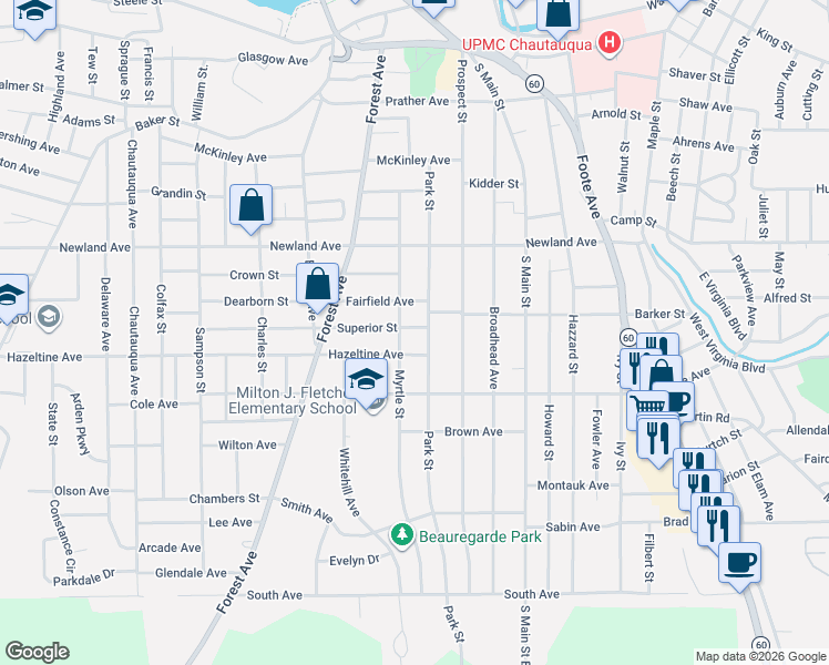 map of restaurants, bars, coffee shops, grocery stores, and more near 11 Superior Street in Jamestown