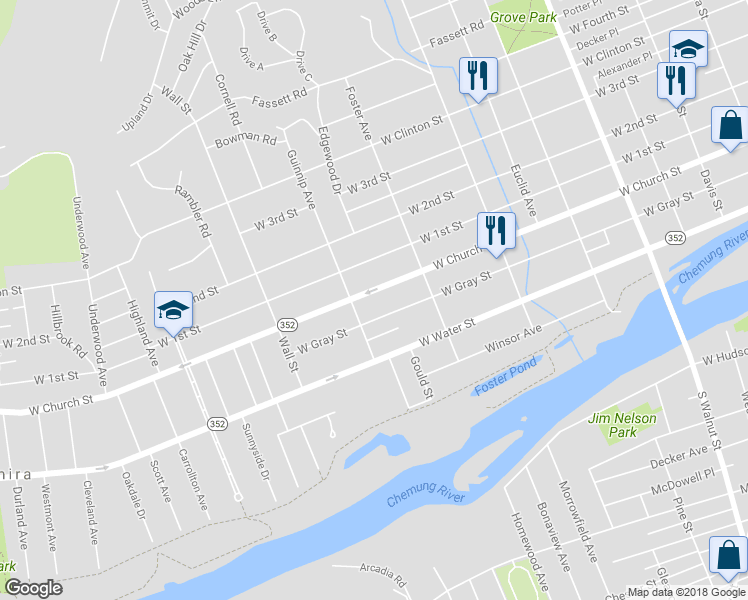 map of restaurants, bars, coffee shops, grocery stores, and more near 823 West Church Street in Elmira