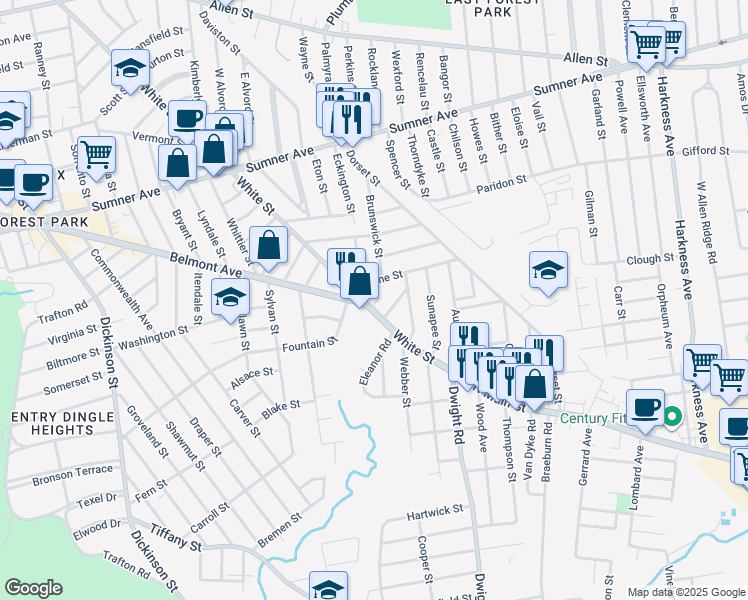 map of restaurants, bars, coffee shops, grocery stores, and more near 27 Blaine Street in Springfield