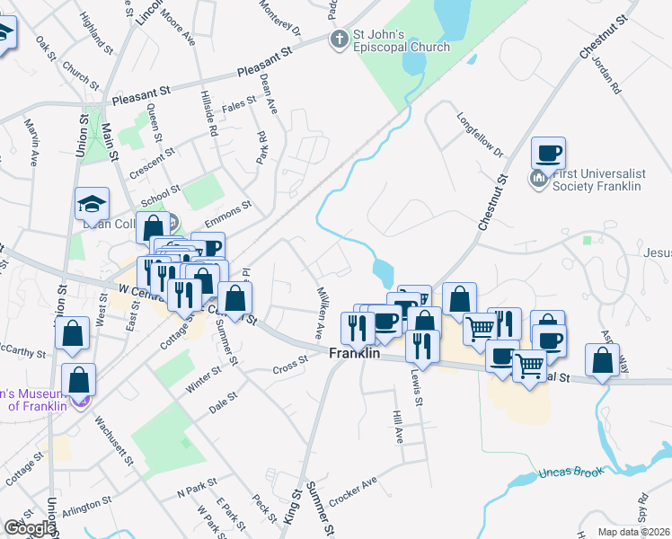 map of restaurants, bars, coffee shops, grocery stores, and more near 67 Milliken Avenue in Franklin