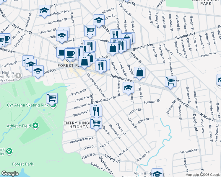 map of restaurants, bars, coffee shops, grocery stores, and more near 34 Meredith Street in Springfield