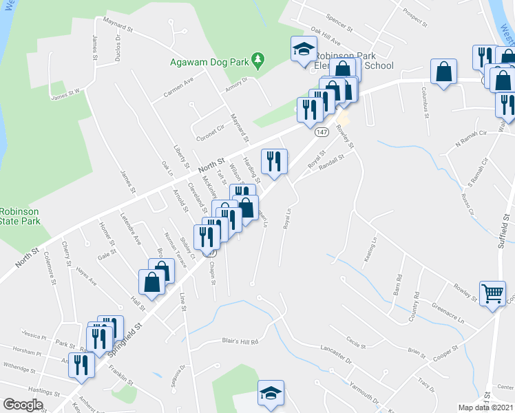 map of restaurants, bars, coffee shops, grocery stores, and more near in Agawam