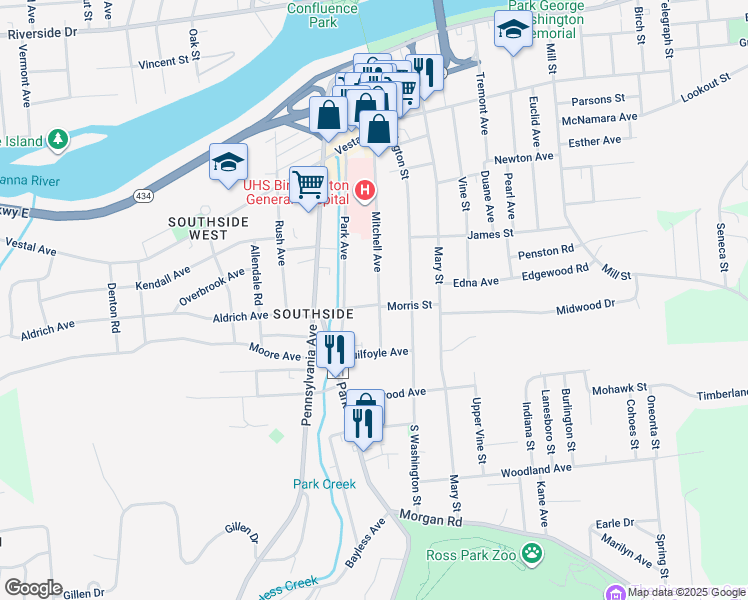 map of restaurants, bars, coffee shops, grocery stores, and more near 73 Mitchell Avenue in Binghamton