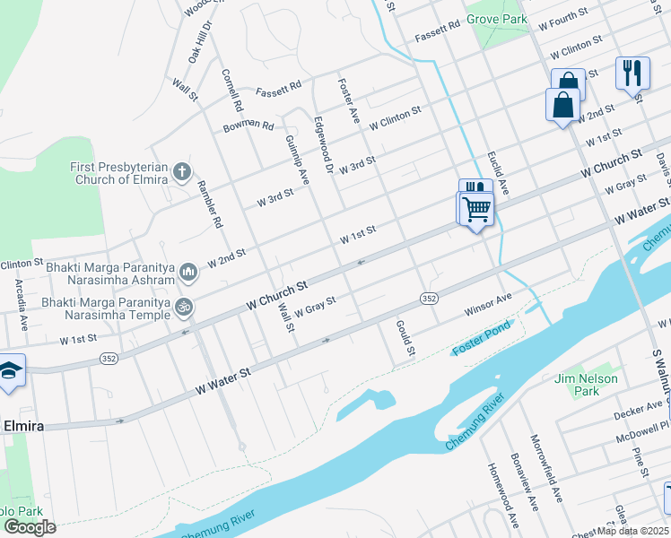 map of restaurants, bars, coffee shops, grocery stores, and more near 905 W 1st St in Elmira