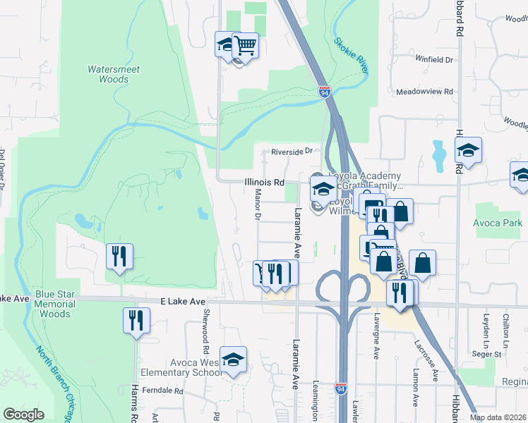 map of restaurants, bars, coffee shops, grocery stores, and more near 1120 Manor Drive in Wilmette
