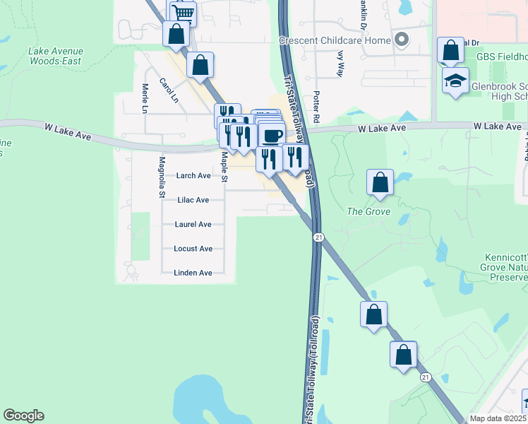 map of restaurants, bars, coffee shops, grocery stores, and more near 4644 Jenna Road in Glenview