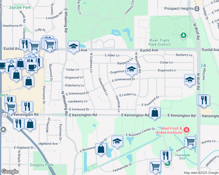 map of restaurants, bars, coffee shops, grocery stores, and more near 1014 Hemlock Lane in Mount Prospect