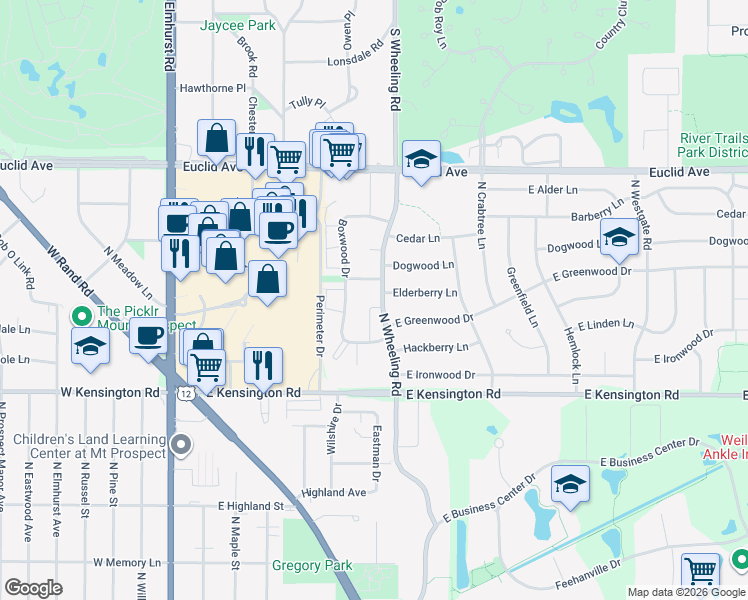 map of restaurants, bars, coffee shops, grocery stores, and more near 504 Dogwood Lane in Mount Prospect