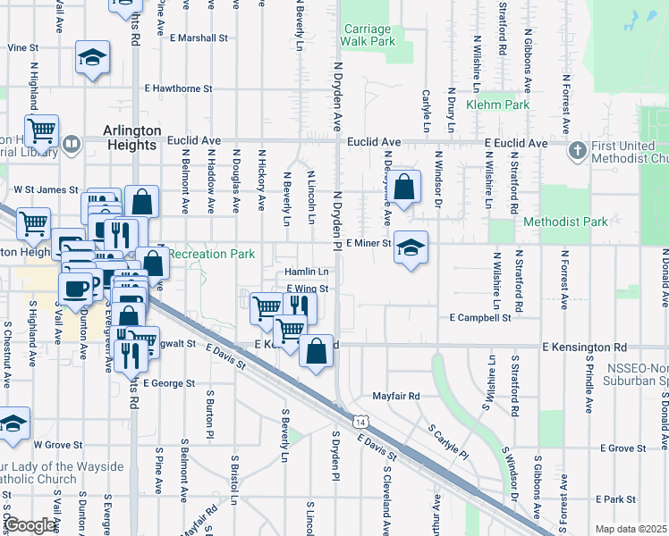 map of restaurants, bars, coffee shops, grocery stores, and more near 100 North Dryden Place in Arlington Heights