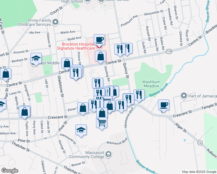 map of restaurants, bars, coffee shops, grocery stores, and more near in Brockton